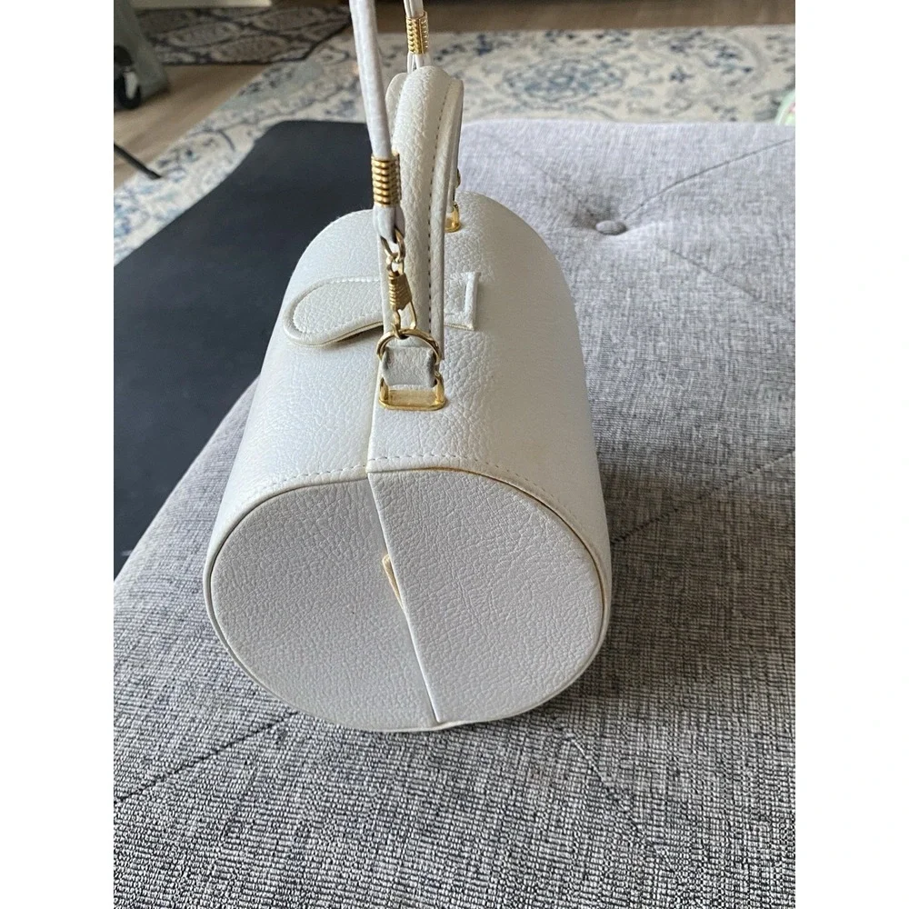 VTG White Textured Barrel Bag 80's Gold  Hardware Mini Satchel Top Handle
